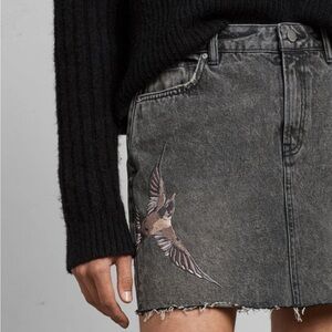 Allsaints Birds Skirt Embroidered Black Denim Skirt